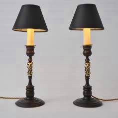 Pair candlestick table lamps, Cheshire Cat, brass & oak, 1920`s ca, English